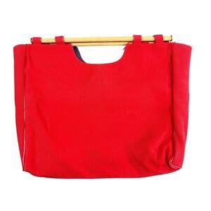 Vintage Clutch Purse- Red Cotton- Wooden Handle- some wear, small stain